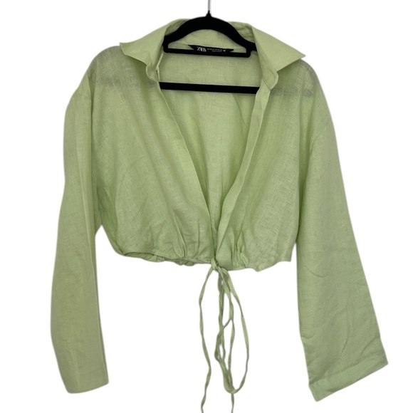 Zara Linen Wrap Shirt- Lime green Size XS - Picture 3 of 9